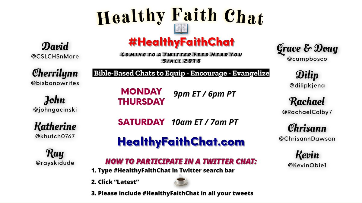 #FF Be sure to follow our #HealthyFaithChat leaders and join in our chats! @CSLCHSnMore @bisbanowrites @johngacinski @khutch0767 @rayskidude @campbosco @dilipkjena @RachaelColby7 @ChrisannDawson @KevinObie1