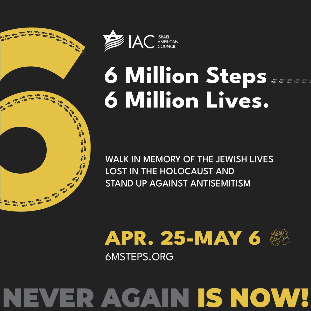 Now is the time to share the Jewish Nations' message of 𝐍𝐄𝐕𝐄𝐑 𝐀𝐆𝐀𝐈𝐍 𝐈𝐒 𝐍𝐎𝐖. Join us in honoring Holocaust Remembrance Day with the IAC's 6 Million Steps Campaign. Walk\run and record your steps at 6msteps.org #6MillionSteps #NeverAgainIsNow