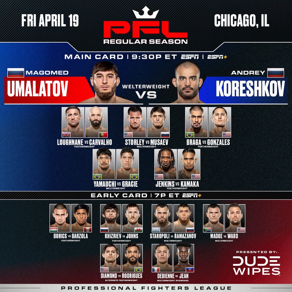 𝙒𝘼𝙆𝙀 𝙐𝙋 ❗️IT’S FIGHT DAY ‼️ Welterweights & Featherweights begin their 2024 Million Journeys as the 2024 PFL Season rolls through the Windy City! 🏆💰 [ #PFLRegularSeason | Fri, April 19 | 7pm ET on ESPN+ | 9:30pm ET on ESPN ]