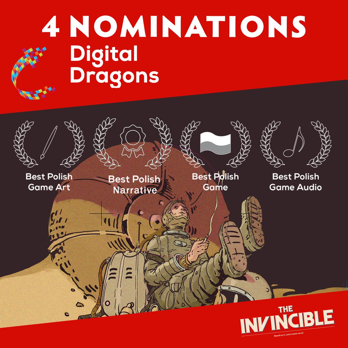 The Invincible is nominated to 4 awards 💥 Best Polish Narrative, Audio, Game Art and Best Polish Game of 2023. At such time we would like to greatly thank you for your continuous support. We wouldn't be here without you 🧑‍🚀 PS Big thanks to @Digital_Dragons for such an honor 💛