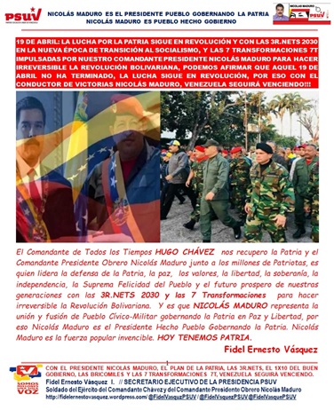 DESCARGUE AQUÍ wp.me/plhwe-9hA EL ESCRITO DEL 19 de Abril: La lucha por la Patria Sigue en Revolución y con las 3R.NETS 2030 y las 7T impulsadas por el Presidente @NicolasMaduro, Venezuela Seguirá Venciendo. CON @NicolasMaduro LA PATRIA TIENE UNA FUERZA POPULAR INVENCIBLE