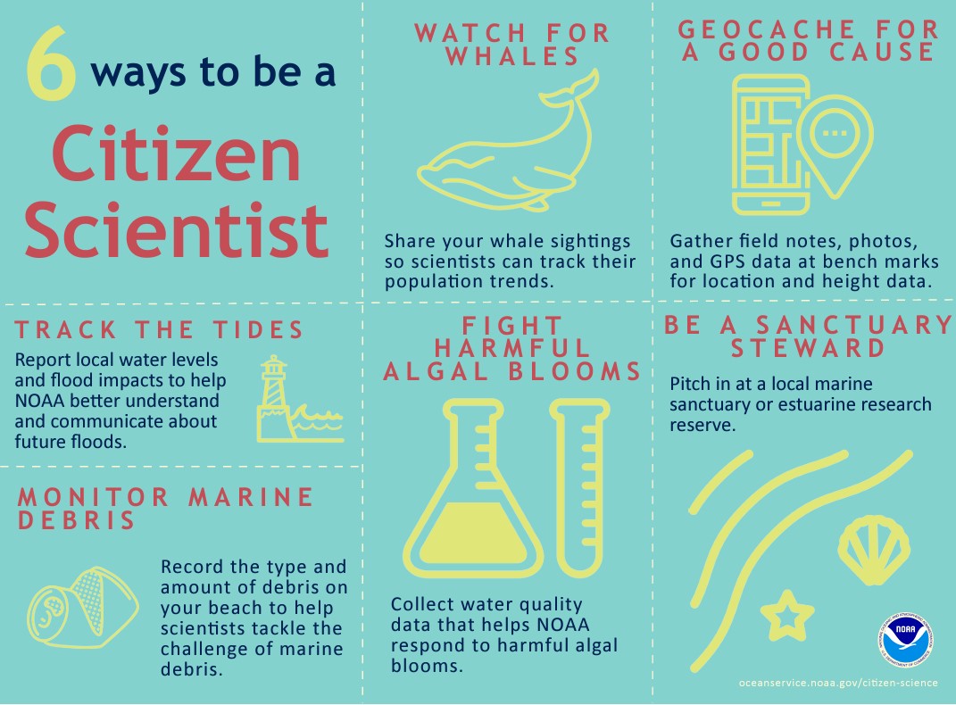 It may be #CitizenScienceMonth, but here are 6️⃣ ways you can help contribute to @NOAA research and outreach all year long! For more info: oceanservice.noaa.gov/citizen-scienc…