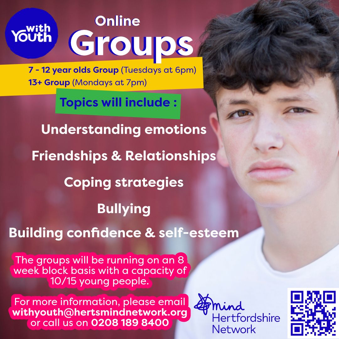 FREE online groups for improving emotional wellbeing. 13+ years group (Mon at 7pm) 7-12 years group (Tues at 6pm Parents/carers group (Wed at 8pm) #WithYouth #MentalHealth #emotions #friendships #bullying #confidence #selfesteem #hertfordshire #youth #children #youngpeople