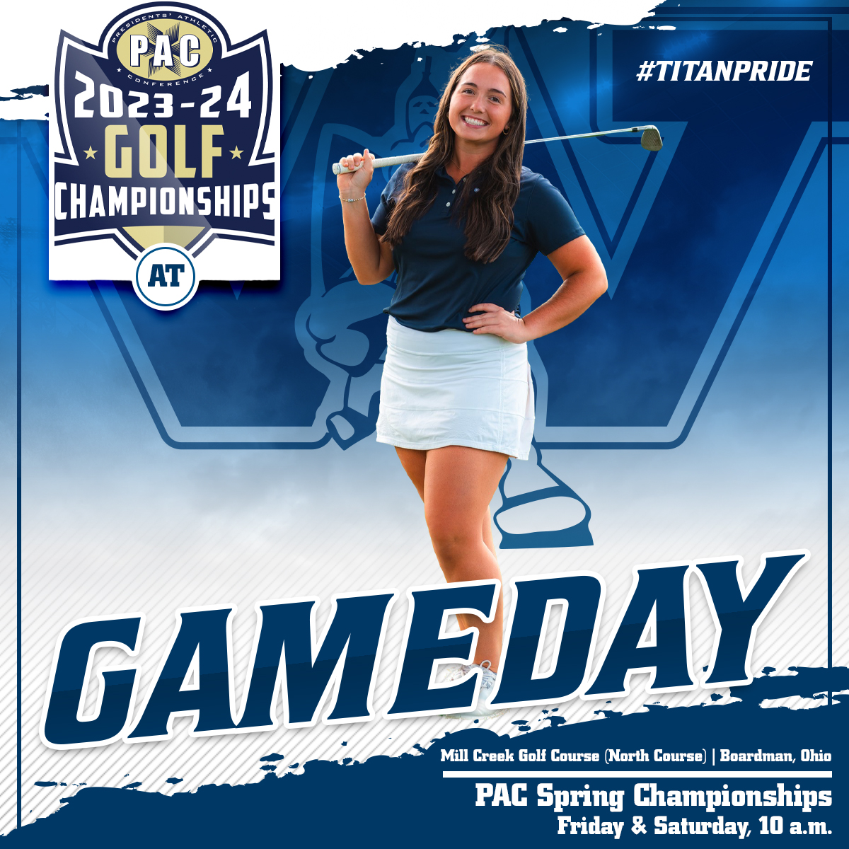 Women's golf will compete in the PAC Spring Championships at Mill Creek Golf Course (North Course). Rounds three and four are set for Friday and Saturday. Good luck Titans!

🆚PAC Spring Championships
🕙10 a.m.
📍Boardman, Ohio

#d3wgolf #pacwgolf #titanpride⚔️