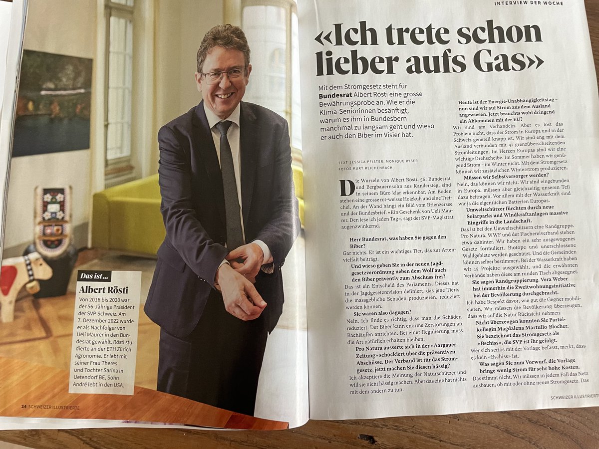 Jessica_Pfister's tweet photo. Bundesrat #AlbertRoesti nimmt Stellung zum #Klimaseniorinnen-Urteil, dem Abschuss von #Bibern und seinem Tempo im @UVEK . Jetzt in der @schweizerillu https://t.co/SyKfhzjAM2