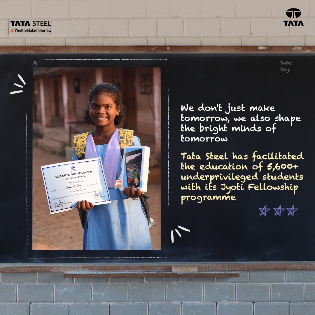 With a strong focus on learning, we have paved the way for over 5,600 underprivileged students in FY23 to access education through the #JyotiFellowship programme.​

In rural areas with limited resources, we are equipping students for success.

#TataSteel #WeAlsoMakeTomorrow