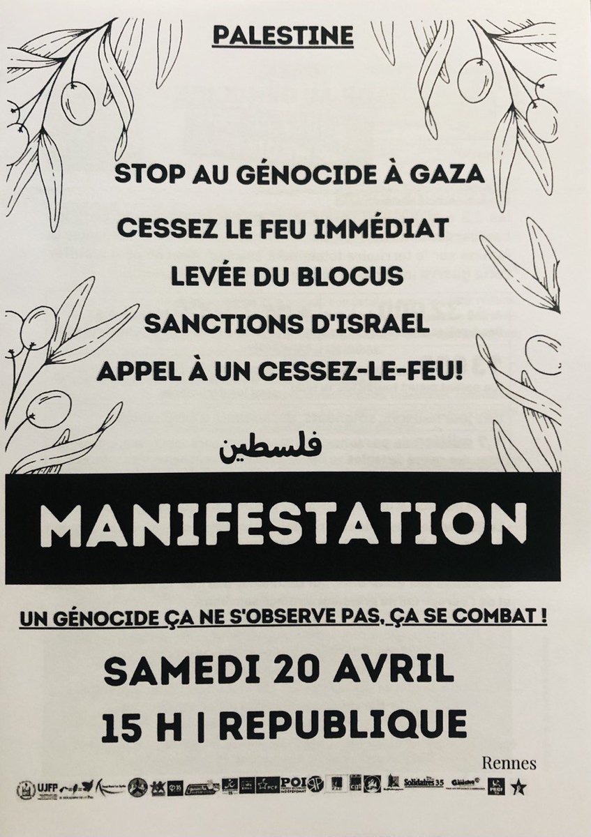 🔴 Rendez-vous demain à Rennes pour continuer le combat contre le génocide à Gaza. Malgré la censure, les voix pour la paix ne se tairont jamais ! 📍 15h, République