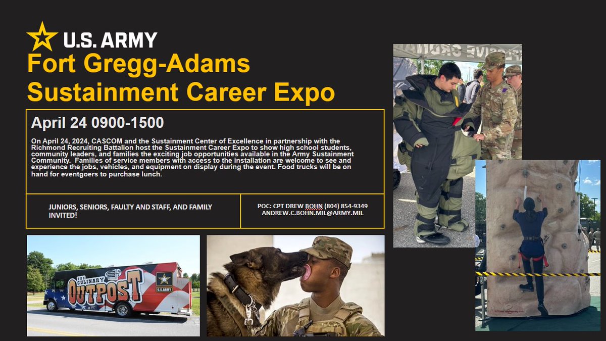 Join us Wednesday, April 24 from 9 a.m. to 3p.m. as the Soldiers of #CASCOM showcase assets from the Quartermaster, Ordnance and Transportation Schools, and find out what sustainment career opportunities are available in the Army.

#SupportStartsHere #BeAllYouCanBe