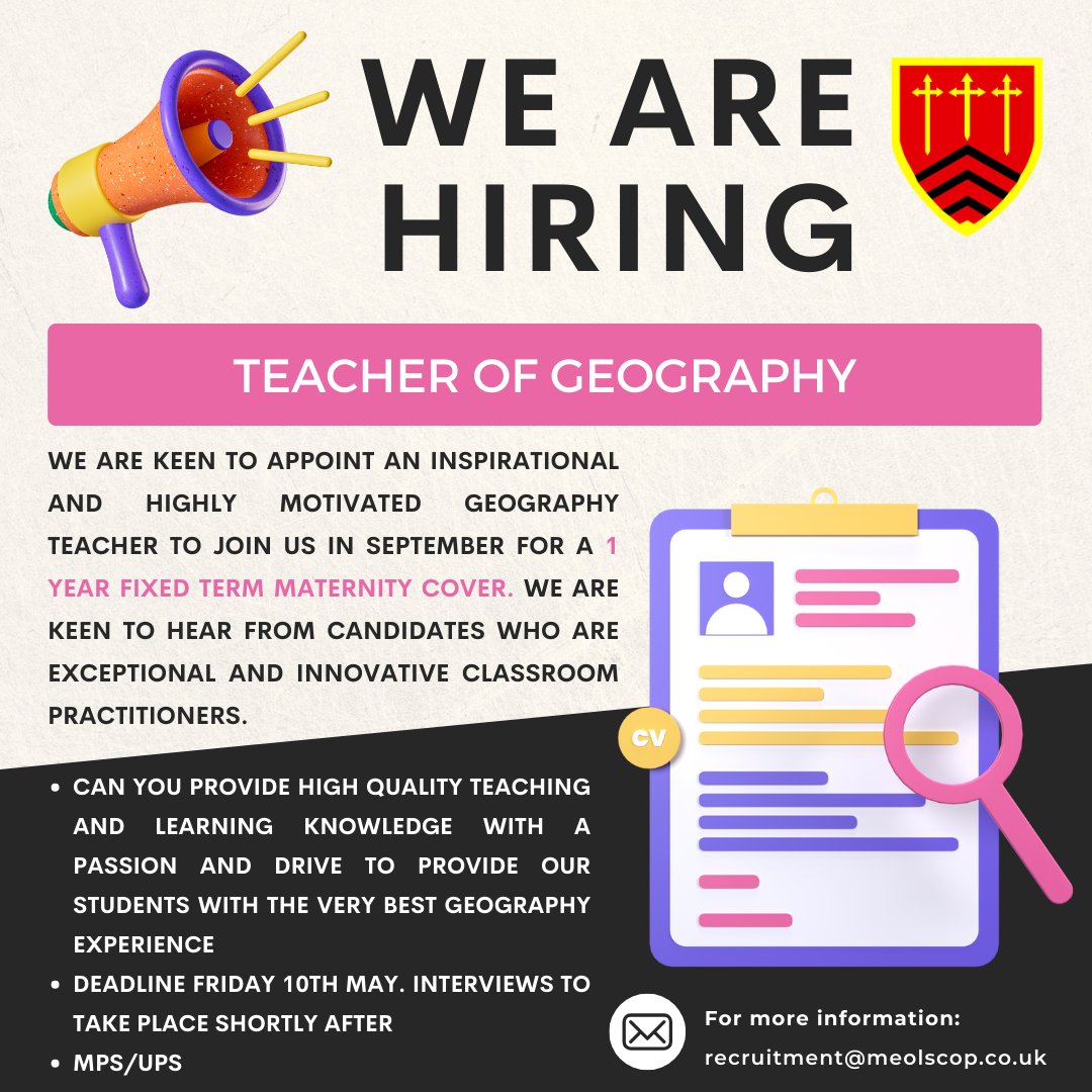 We are looking to recruit a Teacher of Geography. This is a one year fixed term maternity cover position. For more information, please visit the vacancies page on the school website. Deadline for applications is Friday 10th May. #BrokeringAspirations