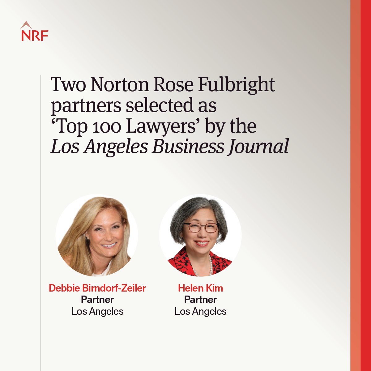 We’re excited to announce that Los Angeles partners Debbie Birndorf-Zeiler and Helen Kim have been named to Los Angeles Business Journal's annual Top 100 Lawyers list. ow.ly/MczT50RjRNp