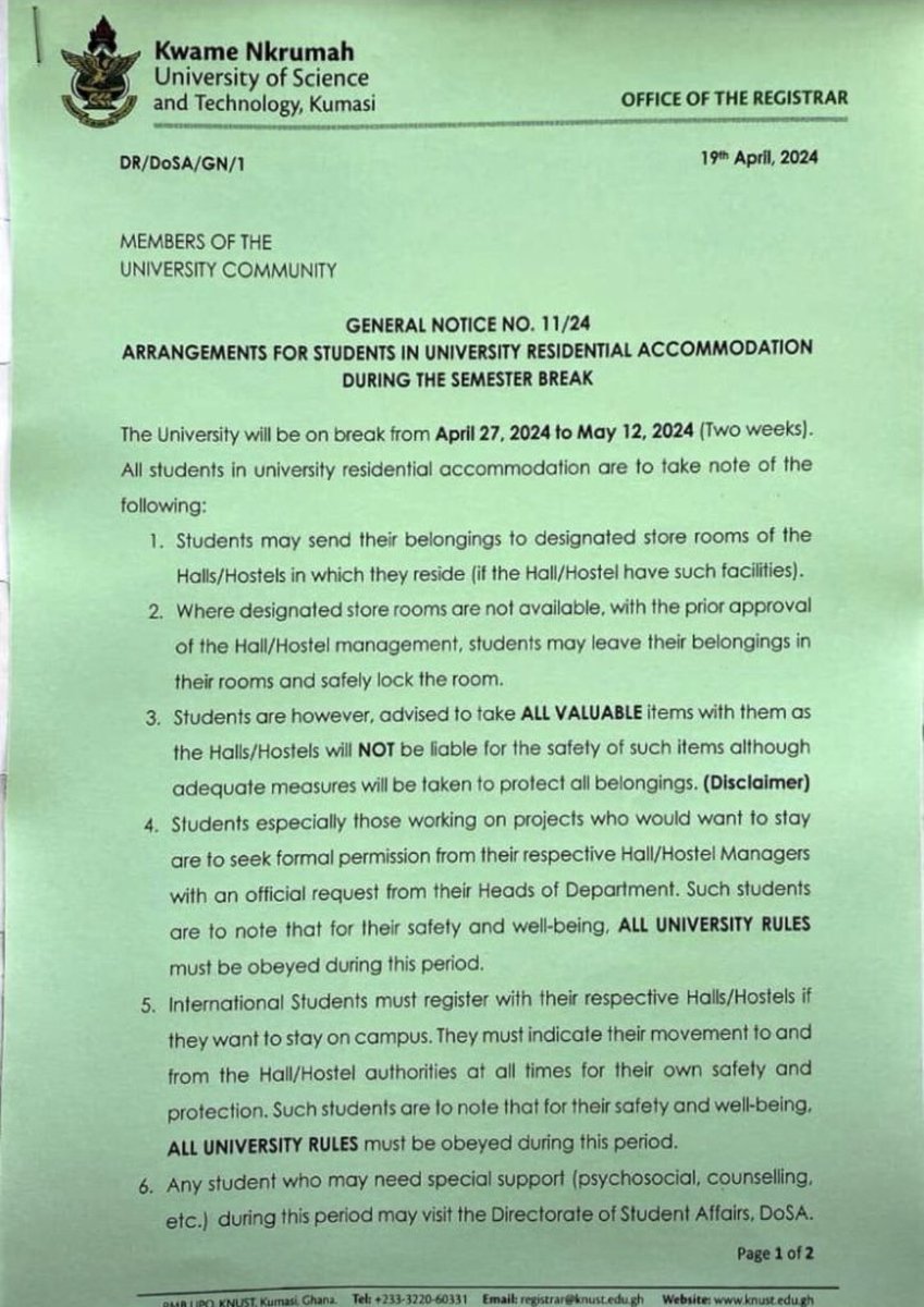 The University will go on a 2 week break from the Friday April 27th to May 12th 2024.

Students are to take note of the arrangements made by the university for campus halls and hostels during the break.

#WatsuptekReport