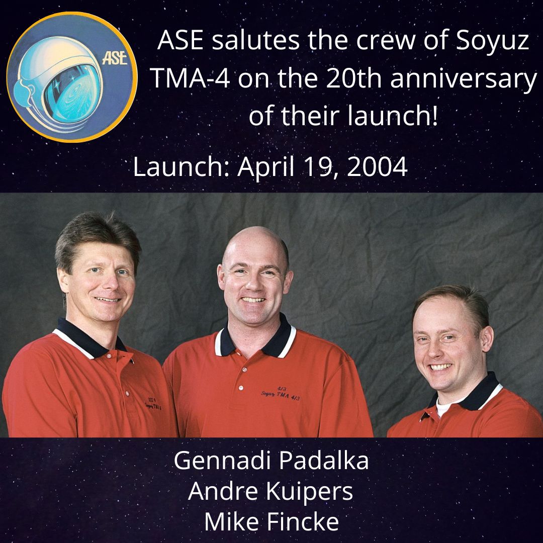 #OTD 20 years ago ✨ Soyuz TMA-4 launched on April 19, 2004, with ASE members Gennadi Padalka, @astro_andre, and @AstroIronMike aboard!