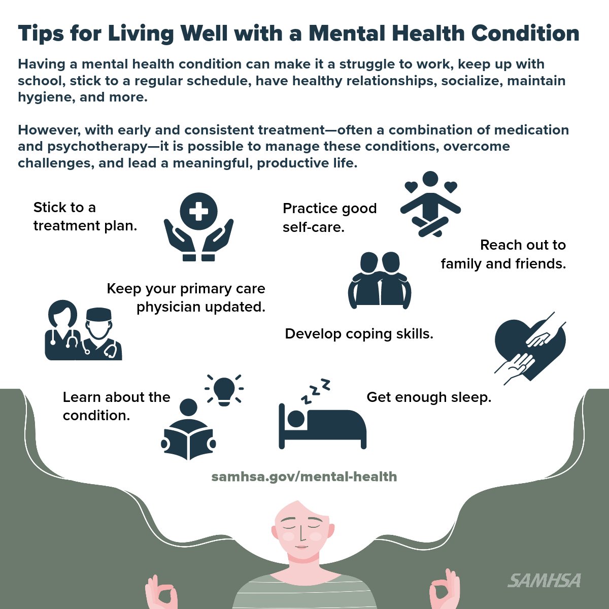 Having a mental health condition can disrupt relationships, make it hard to work & more. With support & treatment it’s possible to lead a meaningful, productive life. Here are some tips for living well with a mental heath condition: samhsa.gov/mental-health #StressAwarenessMonth