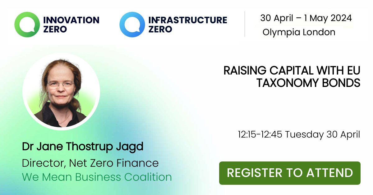 🗣️ Join Dr Jane Jagd & Sean Kidney at @_InnovationZero to discuss how companies with innovative green ideas potentially can use the EU Taxonomy to raise capital through issuance of Taxonmy bonds. 🗓️ 30 April ⌚ 12:15 🎟️ Register: innovationzero.com/2024-programme…