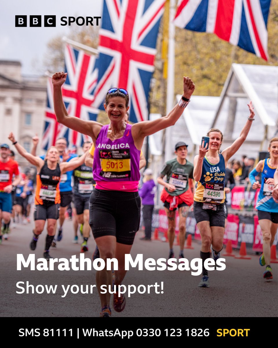 BBCSport's tweet photo. 🏃 Know somebody running the #LondonMarathon on Sunday?

🗣️ Leave them a message via SMS or WhatsApp (details in the image) or show support on social media using #BBCMarathon. 

We'll share as many as we can in our coverage. https://t.co/t0qFpPthYH