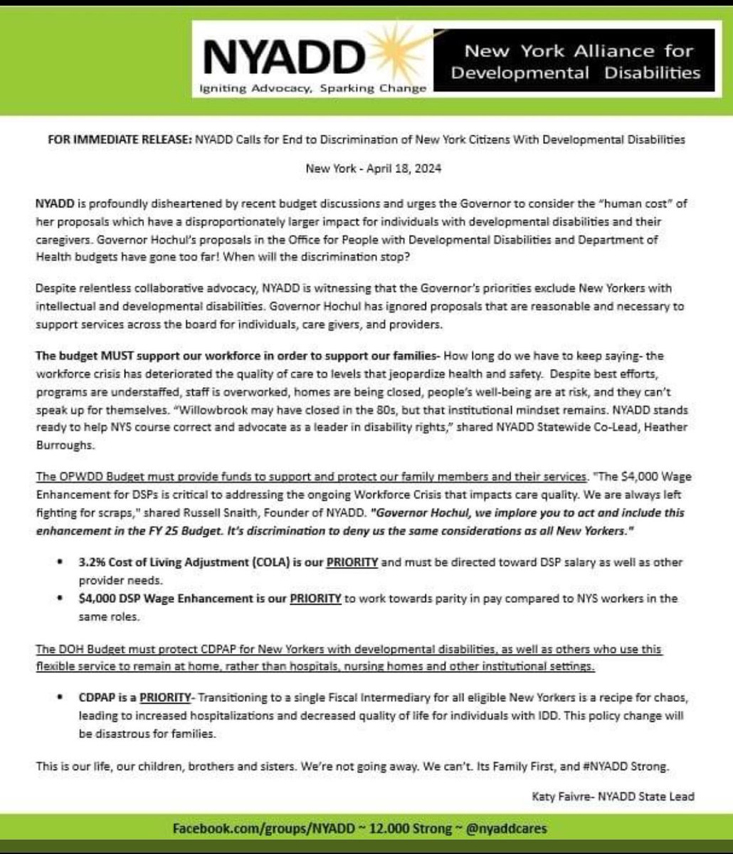 nyaddcares's tweet image. .@GovKathyHochul, @NYSenate, @NYSA_Majority, @AndreaSCousins and @CarlHeastie please hear our 12,000 members and fund #COLA #disabilityservices #CDPAP and #DSWE. 
#PressRelease #NYSbudget2024 #NYADDstrong💥