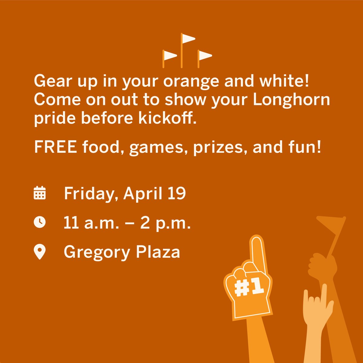 TODAY: Gear up in your orange and white, Longhorns! Join us for the Orange and White Carnival from 11 a.m. - 2 p.m. Make your way to Gregory Plaza to enjoy FREE food, games & prizes. Show your Longhorn pride as we get ready for the Orange-White spring football game tomorrow! 🏈🤘