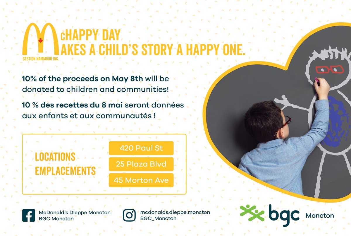 We are happy to announce McHappy Day! Where 10% of the proceeds will be donated to children and communities!

Come join us on May 8th for a day filled with joy, activities, and laughter at participating locations!

Stay tuned for more updates!