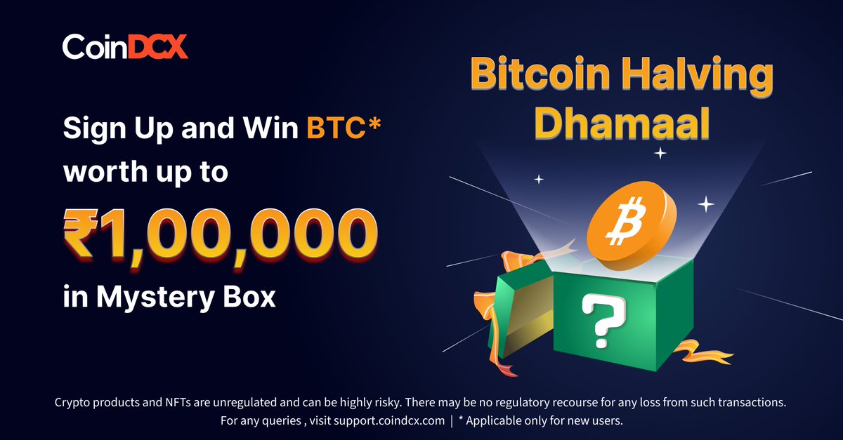CoinDCX's tweet photo. Bitcoin halving ho hi jaaegi, rewards nahi rukne chahiye🤪
Sign up & win #Bitcoin worth up to ₹1,00,000*.
*#BitcoinHalvingDhamaal reward is applicable on new sign-ups only.