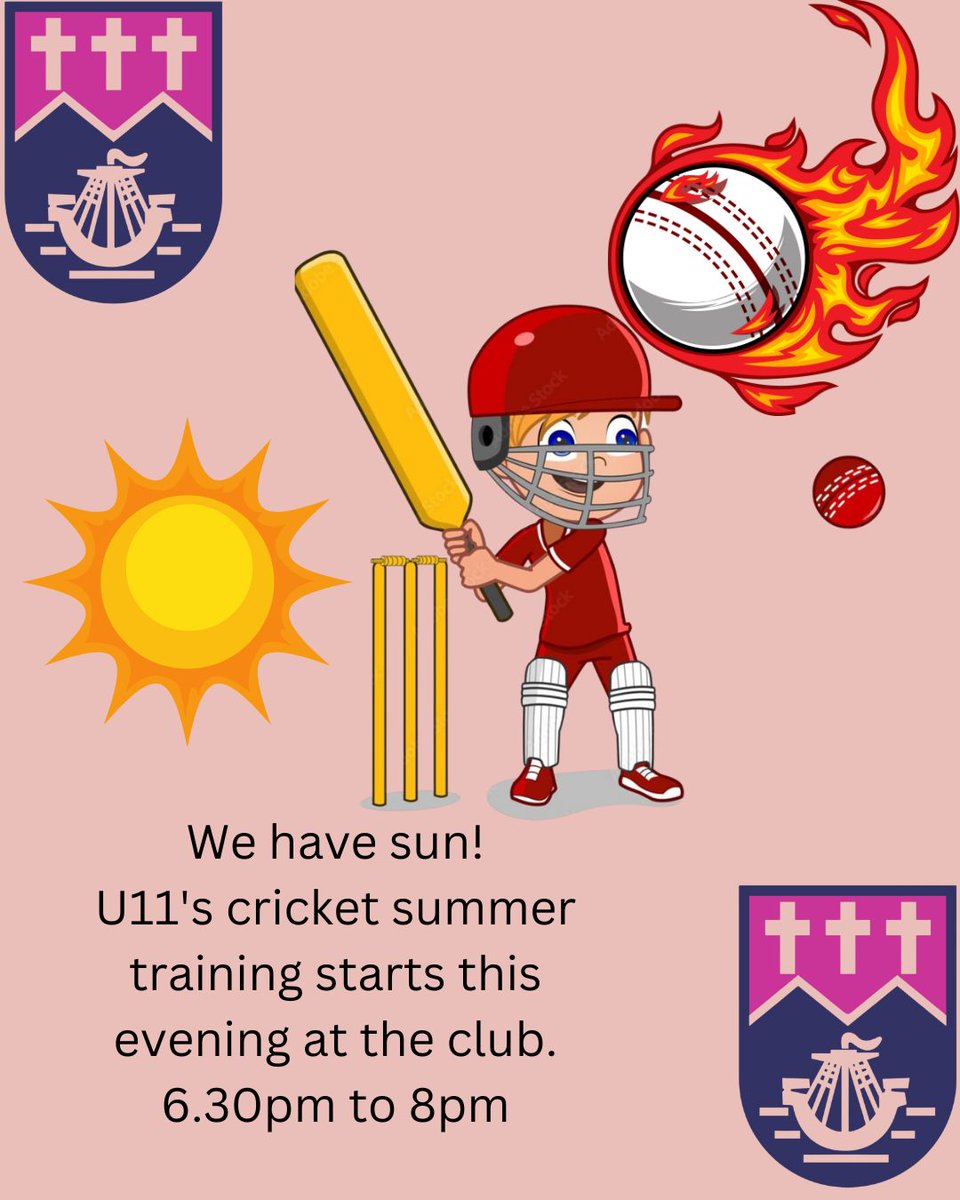 U11 cricket training starts outside this evening from 6.30pm ☀️☀️🏏🏏