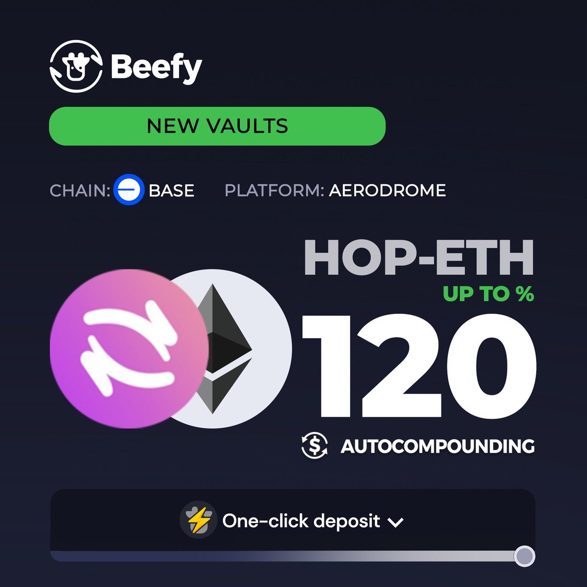 Hopportunities everywhere 🆕 $HOP - $ETH: 120% APY 👉 app.beefy.com/vault/aerodrom… @HopProtocol @aerodromefi @base