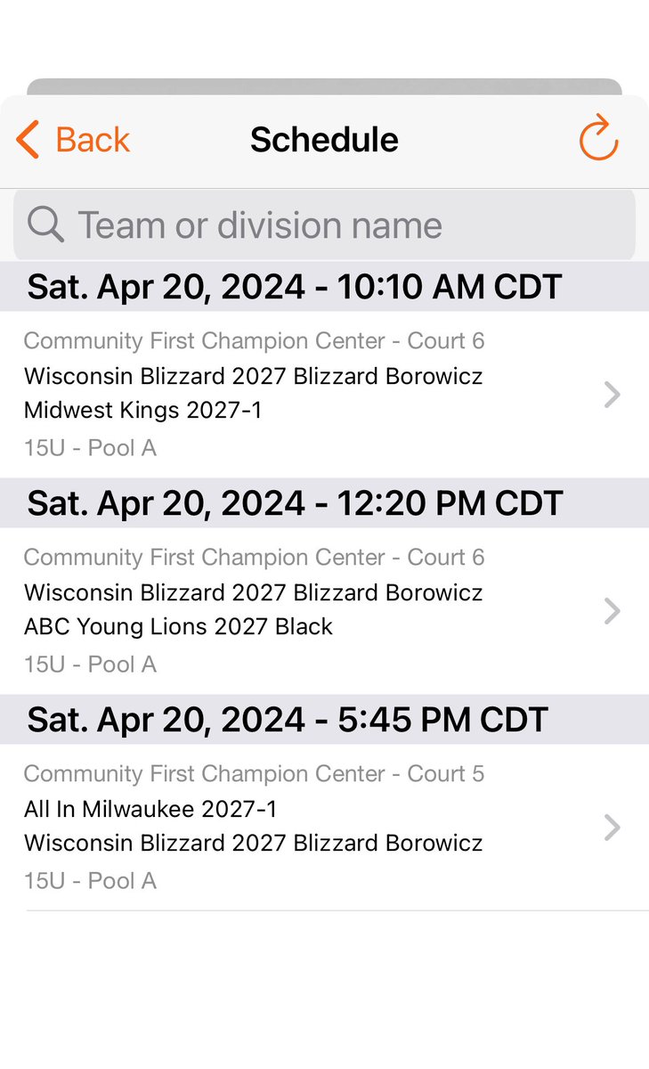@WIBlizzard2027 schedule for this weekend's @PHCircuit tourney at the Champions Center in Appleton.