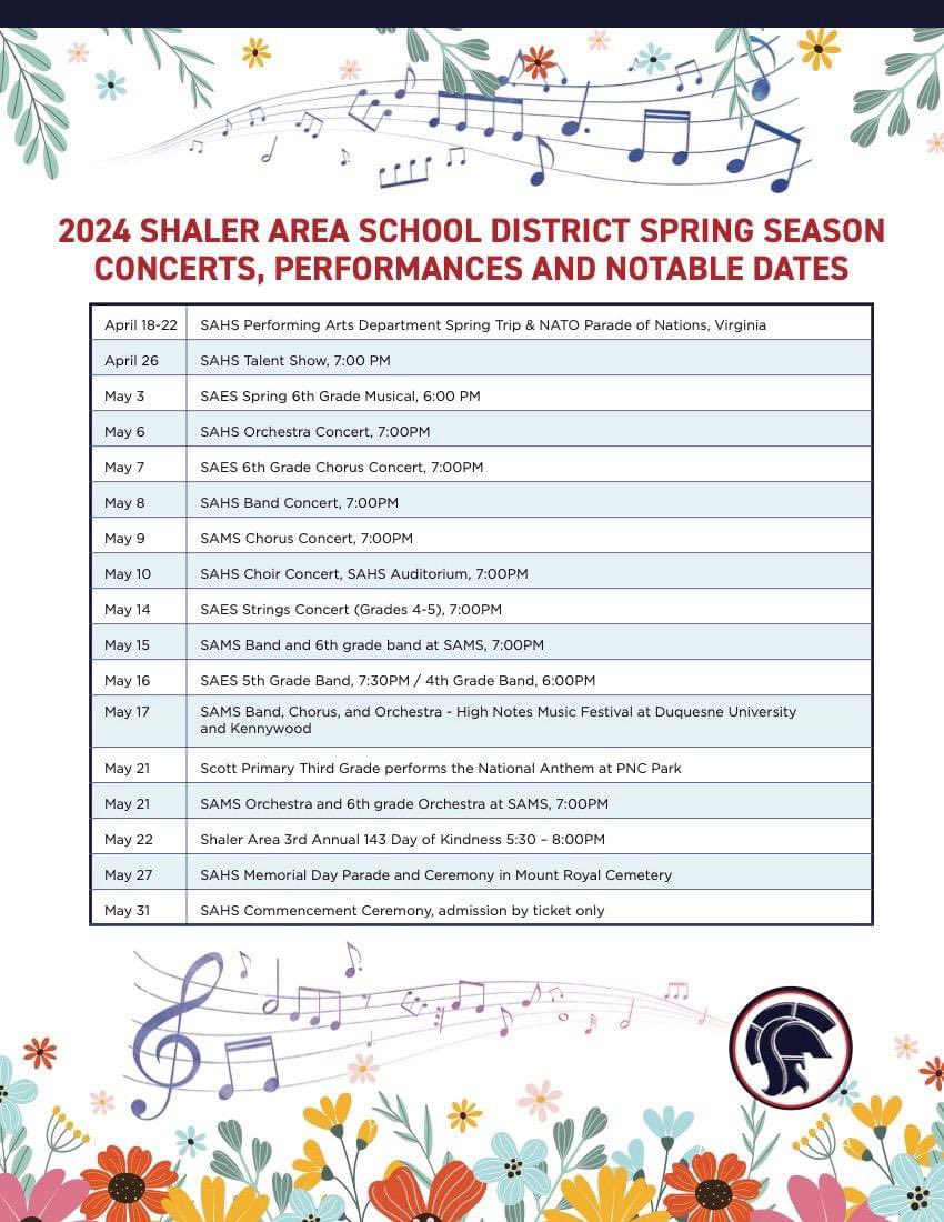 Make plans to join us at one of our spring performances to see the talent and heart of Shaler Area students! 🎶🎵

#WeAreSA #TitanPride