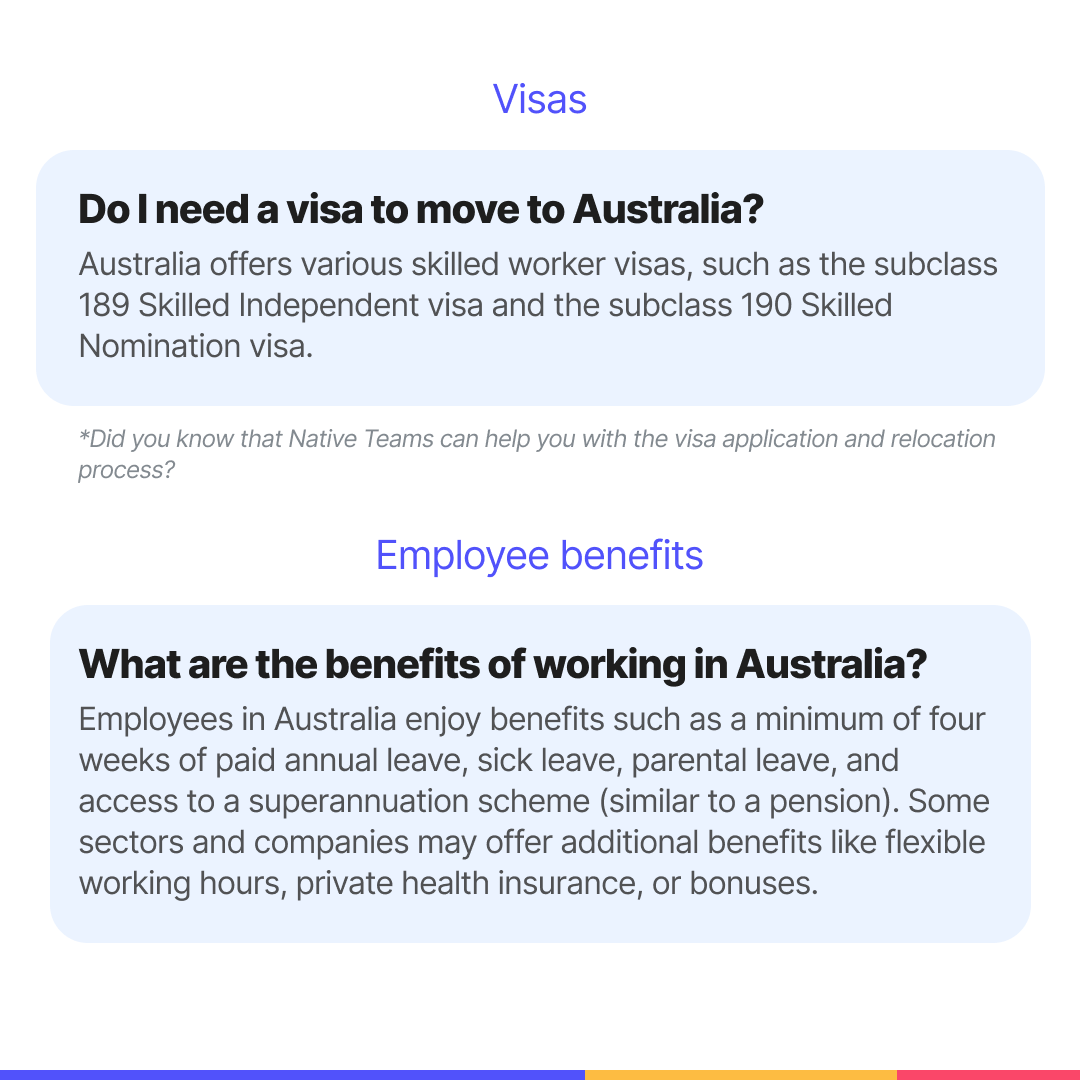 Considering a move to Australia?🦘 Here’s a breakdown of the cost of living, popular cities, job opportunities, visa requirements, and employee benefits. From Sidney’s bustling vibe to Melbourne’s artsy scene, explore your options with Native Teams by your side.🐨