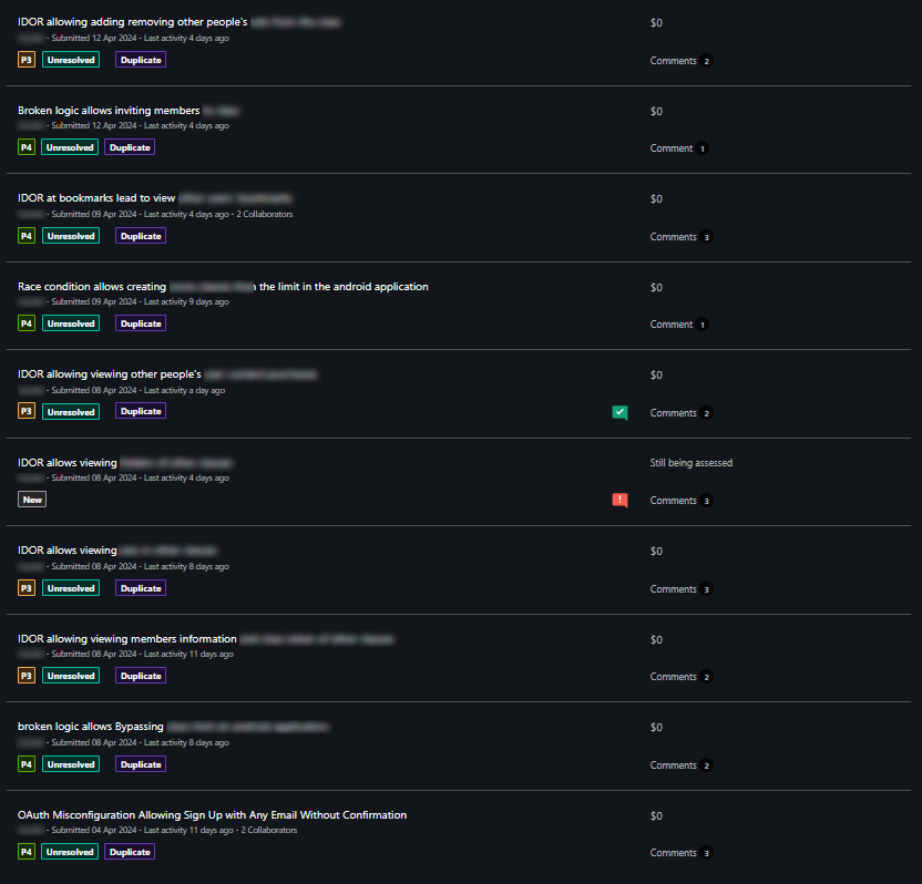 Just Received 9 Duplicates on <a href="/Bugcrowd/">bugcrowd</a> 🙃

#BugBounty
#cybersecurity