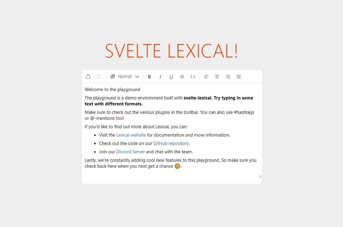 svelte-lexical is an evolving rich-text editor for Svelte based on the text editor framework Lexical ✍️ - madewithsvelte.com/svelte-lexical