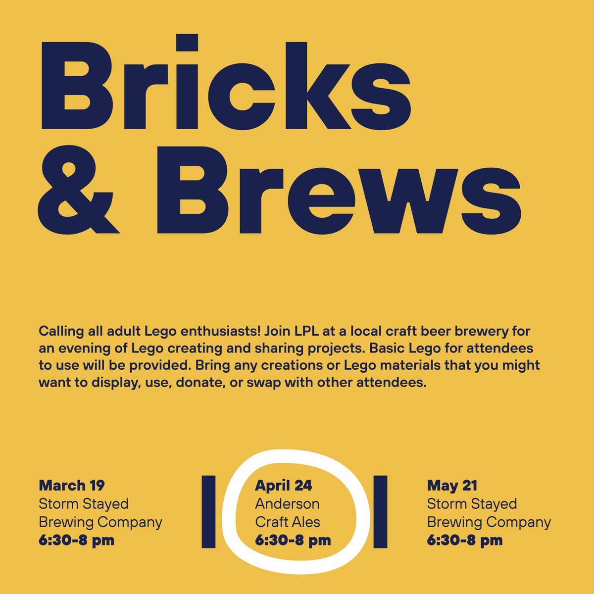 ⚠️ Calling all adult Lego enthusiasts! ⚠️ Join LPL and @AndersonCAles on Wednesday, April 24 from 6:30-8 pm for an evening of Bricks & Brews!