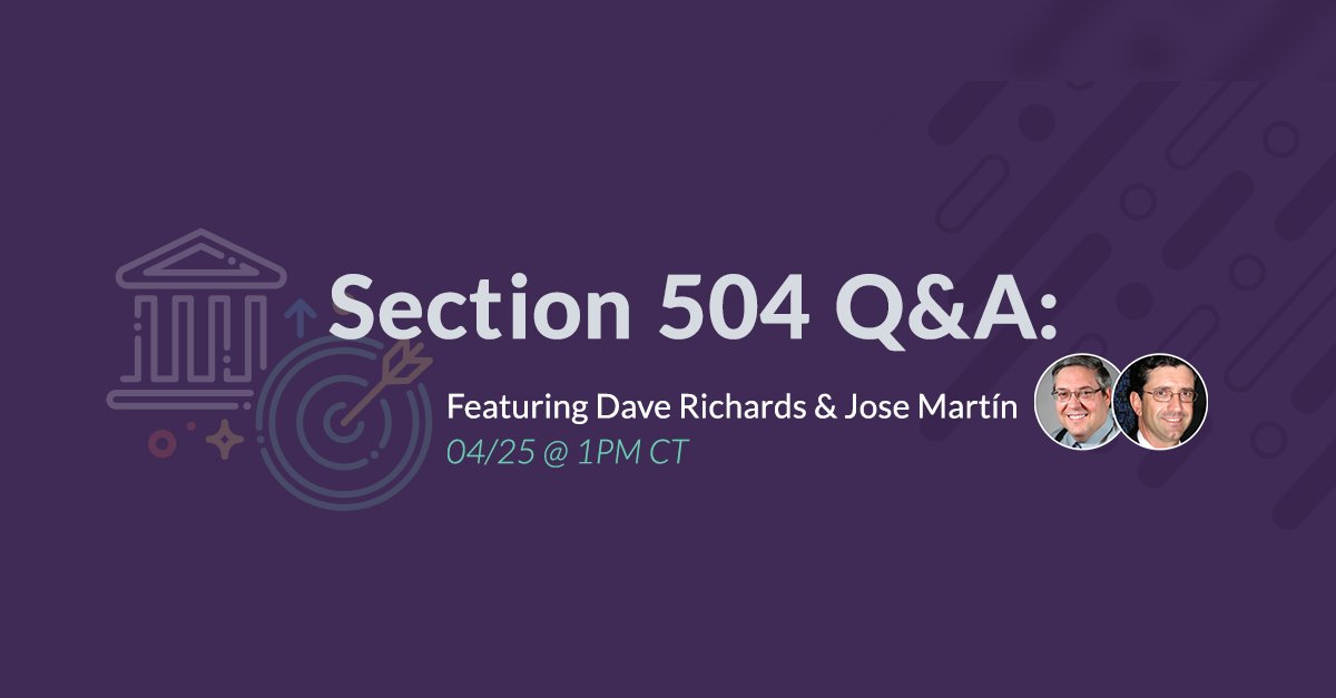 📚 Do you support Section 504 in your district? Join legal experts Jose Martín & Dave Richards in our Section 504 Q&A webinar. Have burning questions? They want to hear from you! 🗓️ April 25, 1:00 PM CT. #EducationWebinar #Section504 Register now: ow.ly/THrx50RjUps