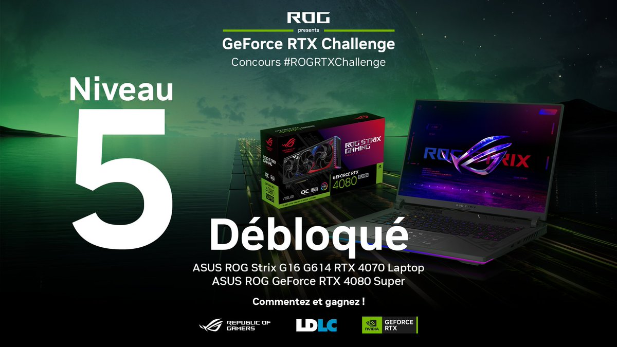 JAUGE DE HYPE MAXIMALE 📈 

Le Niveau 5 débloque une @ASUS_ROG_FR RTX 4080 Super ET un PC Portable G16 G614JIR en RTX 4070, qui sont tout de suite ajoutés à la cagnotte ! 

💬 Commentez avec #ROGRTXChallenge pour avoir une chance de les gagner !