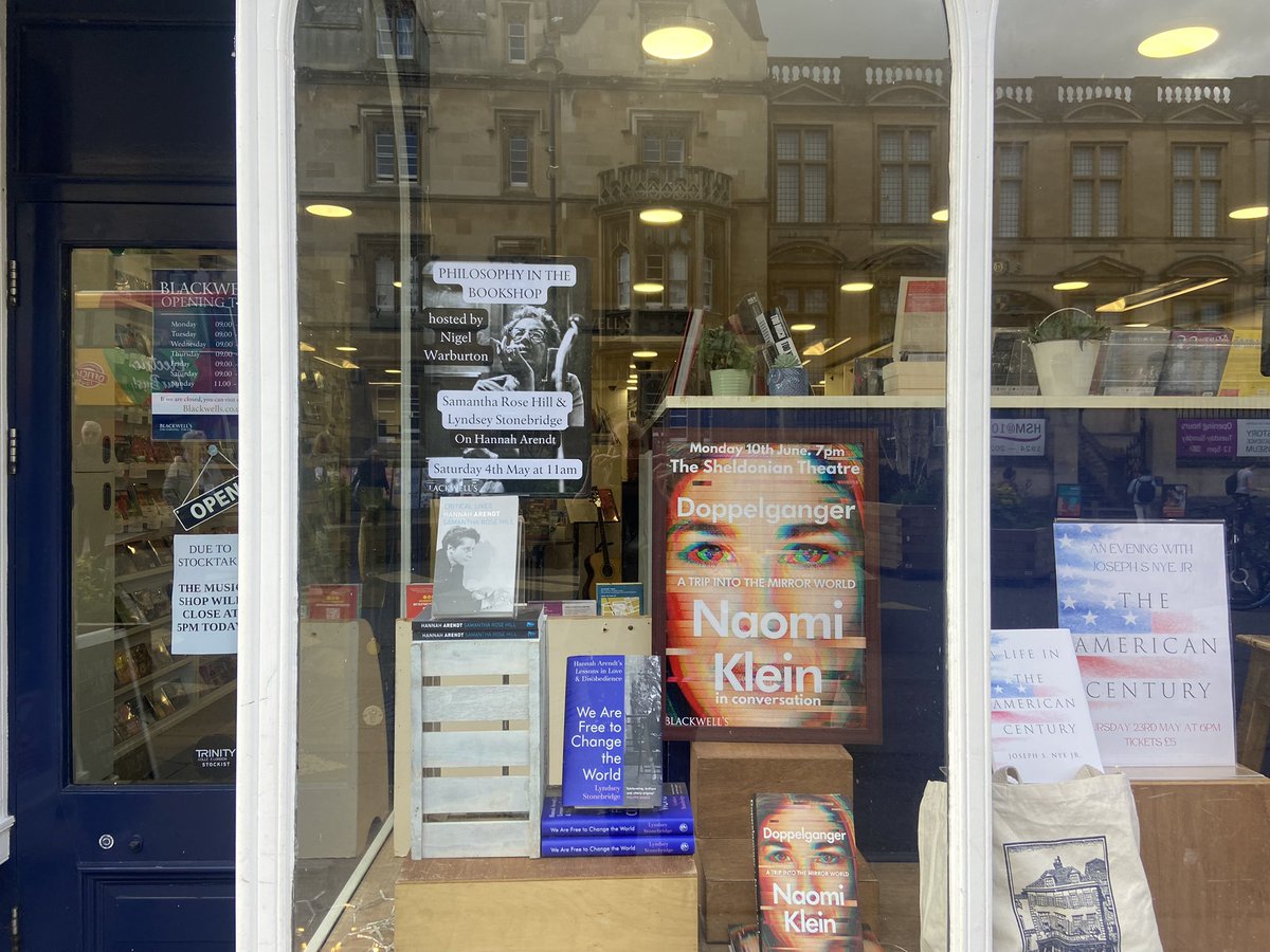 Cool to see my little book in the window of one my favorite bookshops! So excited to be in conversation with @LyndseyStonebri and @philosophybites about Hannah Arendt @blackwelloxford May 4th!