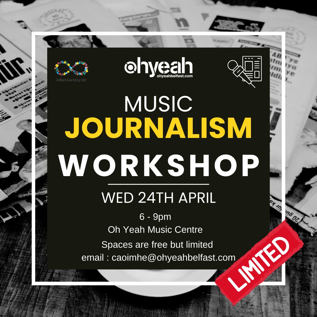 Join established local music journalists and members of the well-known band Brand New Friend - Lauren and Taylor Johnston for an evening of training, discussion and signposting. Learn what it takes to become a music journalist. Email caoimhe@ohyeahbelfast.com to sign up!