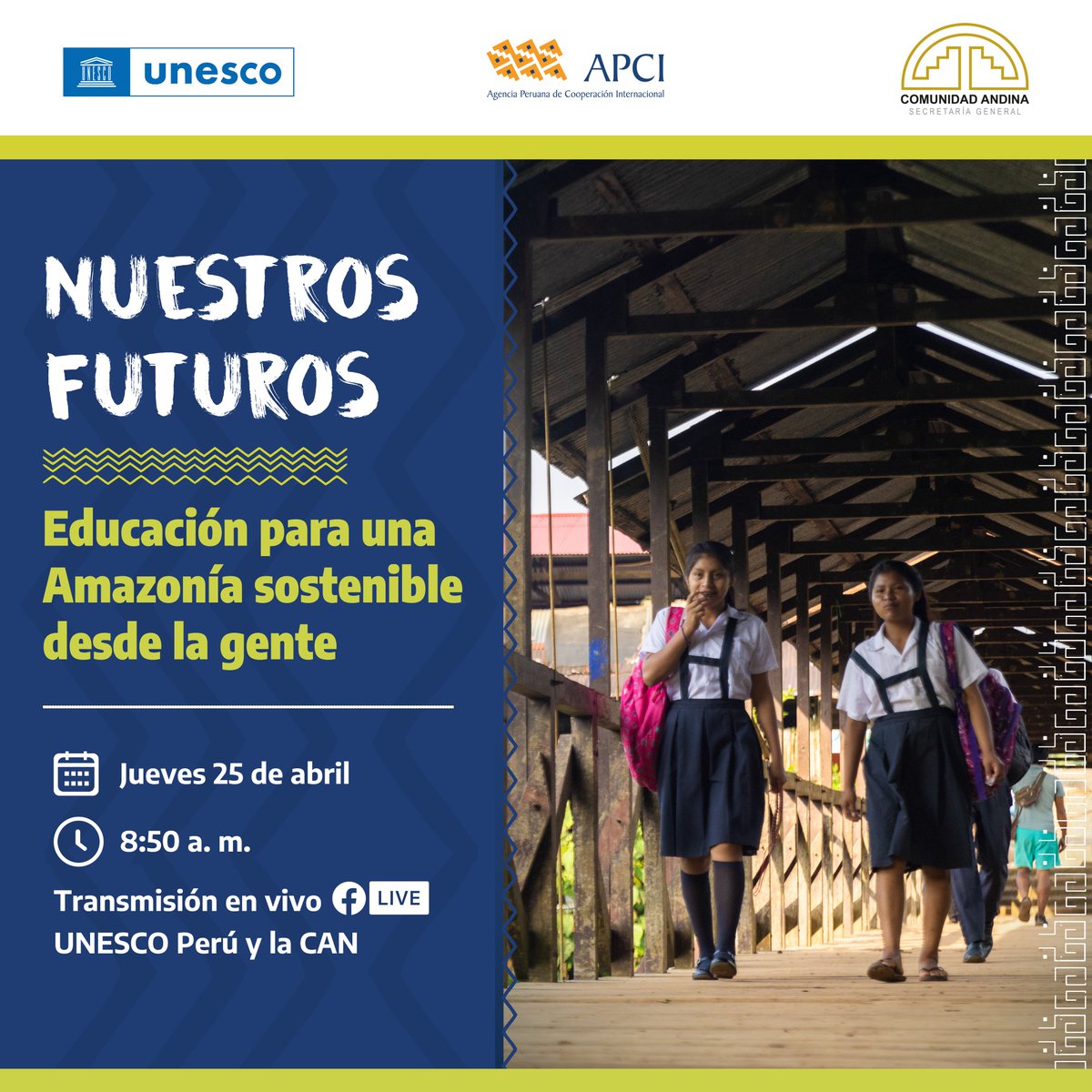 📌Te invitamos a conectarte a la transmisión del evento 'Nuestros futuros: Educación para una Amazonia sostenible desde la gente” que se realizará el 25 de abril. 📚Se abordarán los desafíos vigentes de la Amazonia poniendo en el centro el potencial de transformación de educación