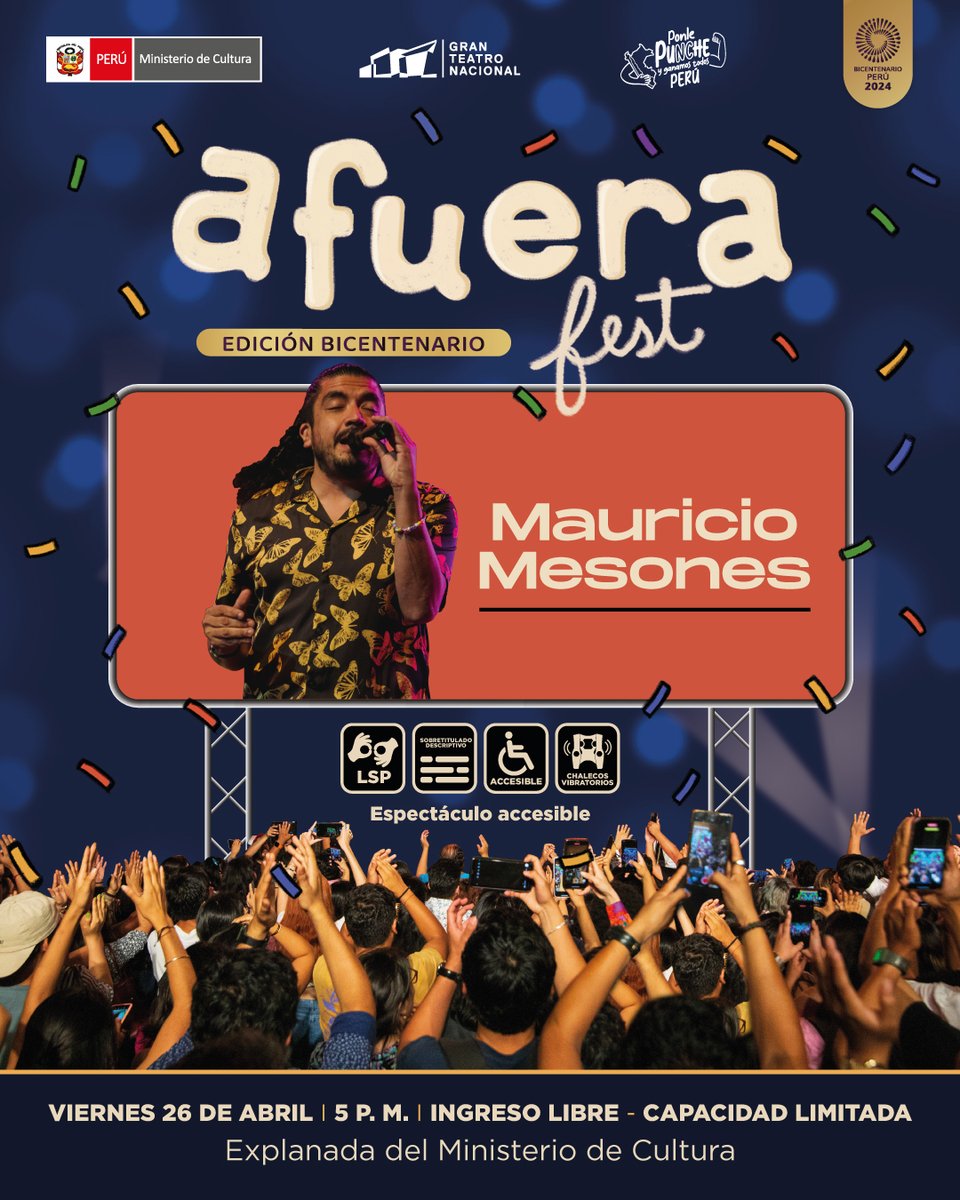 MinCulturaPe's tweet photo. 🎶🇵🇪Si eres #TeamCariñito, entonces no te puedes perder a @mauriciomesones  en el #AfueraFest del @GranTeatroNac, edición @bicentenariope_.  
📆 26 de abril 
🕟 5:30 p.m.  
📍Explanada del Ministerio de Cultura  
⚠️Importante: 
✅El ingreso es libre con capacidad limitada https://t.co/q6r8lpxPOu
