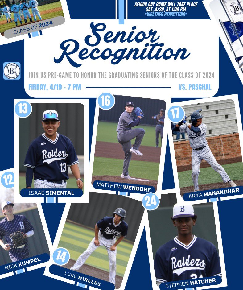 GAME DAY Tonight we have another huge game against Paschal! We are back at home so come out and support the Raiders and remember to wear BLUE!!! We will also recognize our 2024 Seniors tonight before the game to thank them for all their hard work in their 4 years in the program!
