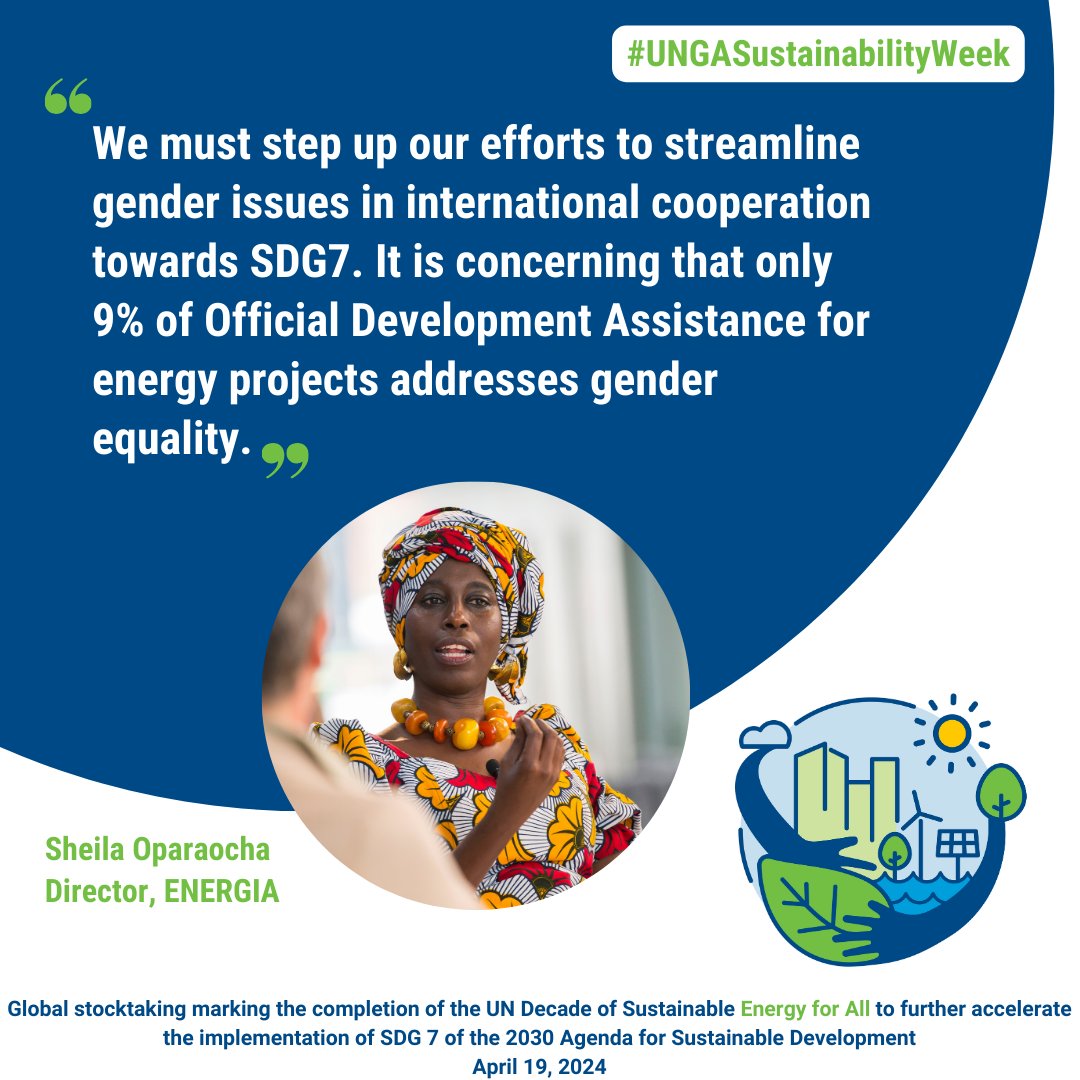 Live now: the #UNGASustainabilityWeek #SDG7 Global Stocktake, evaluating the decade of sustainable energy for all. Tune in and hear @energia_org Sheila Oparaocha's view on the state of #GenderInclusion. webtv.un.org/en/asset/k1z/k…