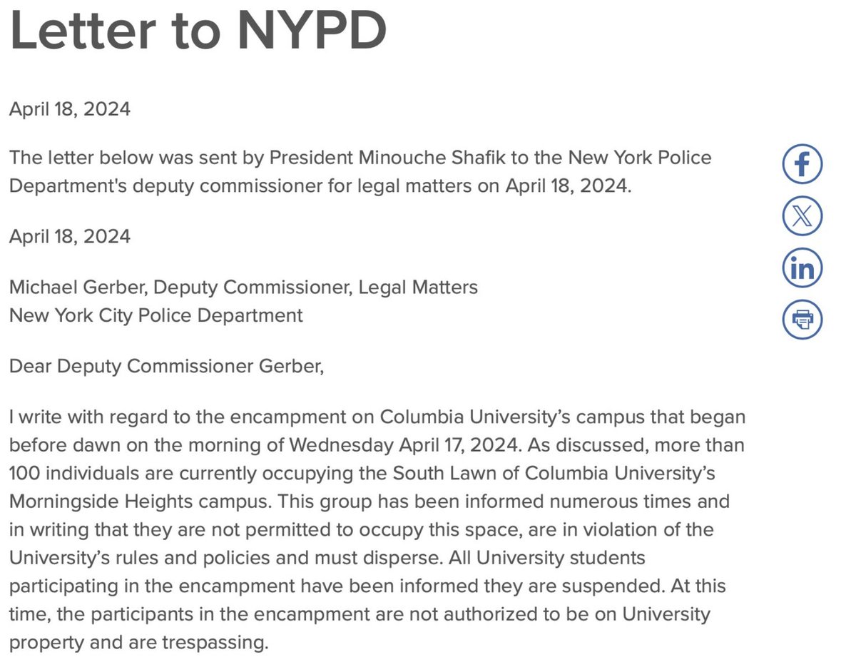 Columbia's decision to suspend students **in order to** present them as 'trespassers' and throw the NYPD at them is just an entirely new level of bullshit. shame on them, truly.