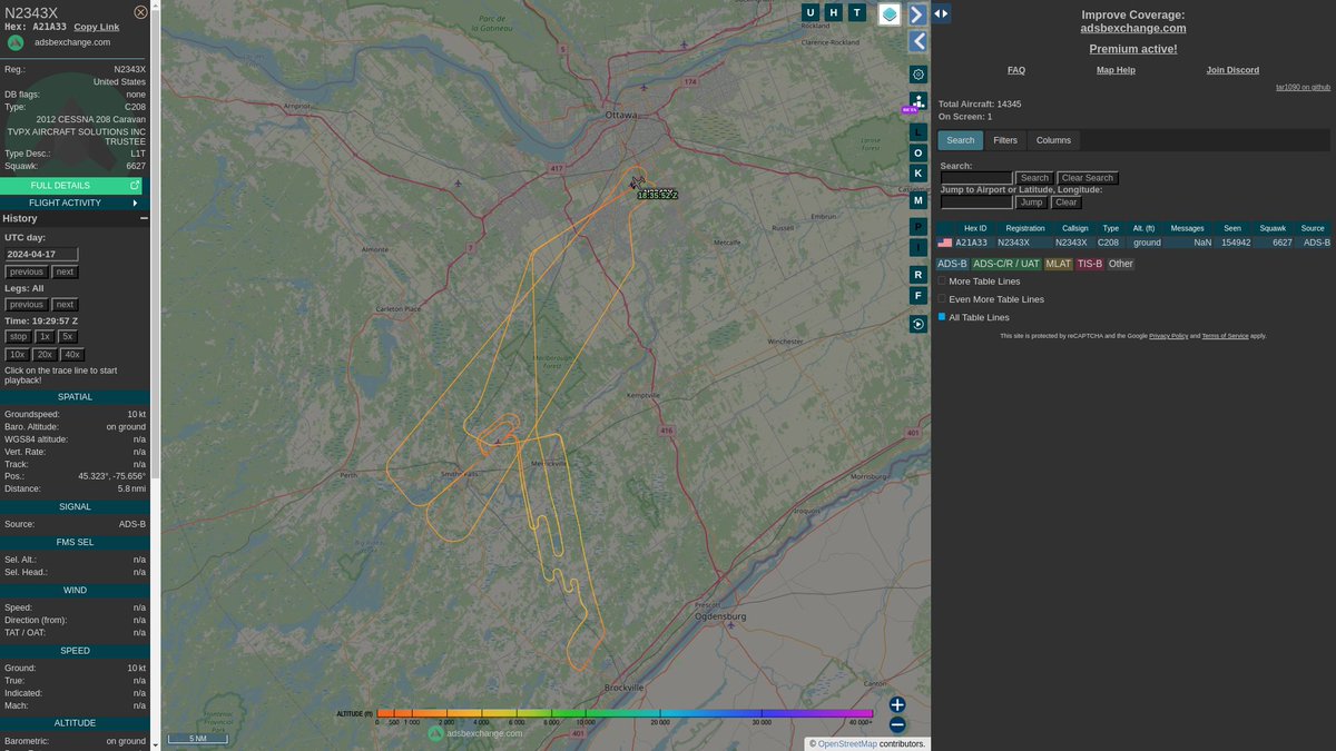 steffanwatkins's tweet image. Different plane - American-registered, TVPX trustee-owned, Cessna 208 N2343X #A21A33 has also operating out of Ottawa #CYOW recently.

⮕ When did they arrive?
⮕ Where did they come from?
⮕ What have they been up to?

(April 14, 15, 16, 17 pictured)
globe.adsbexchange.com/?icao=a21a33&amp;amp;l…