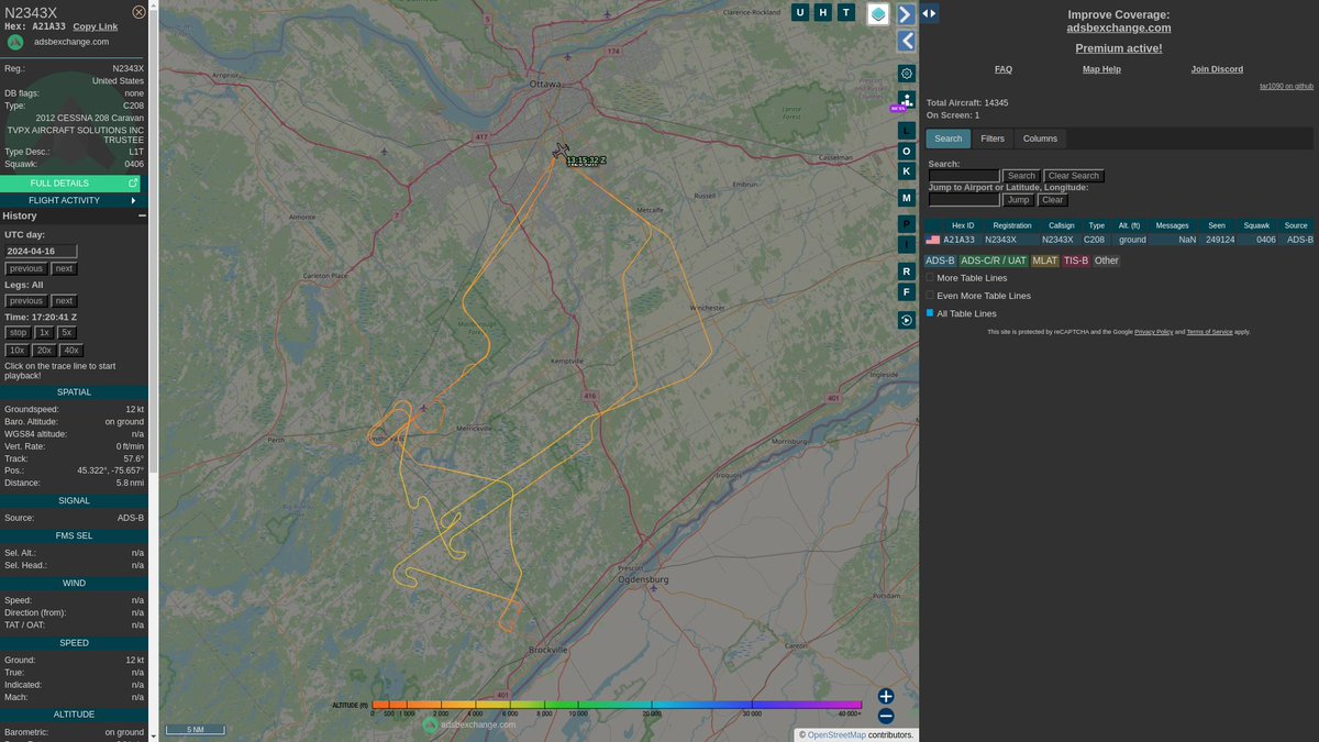 steffanwatkins's tweet image. Different plane - American-registered, TVPX trustee-owned, Cessna 208 N2343X #A21A33 has also operating out of Ottawa #CYOW recently.

⮕ When did they arrive?
⮕ Where did they come from?
⮕ What have they been up to?

(April 14, 15, 16, 17 pictured)
globe.adsbexchange.com/?icao=a21a33&amp;amp;l…
