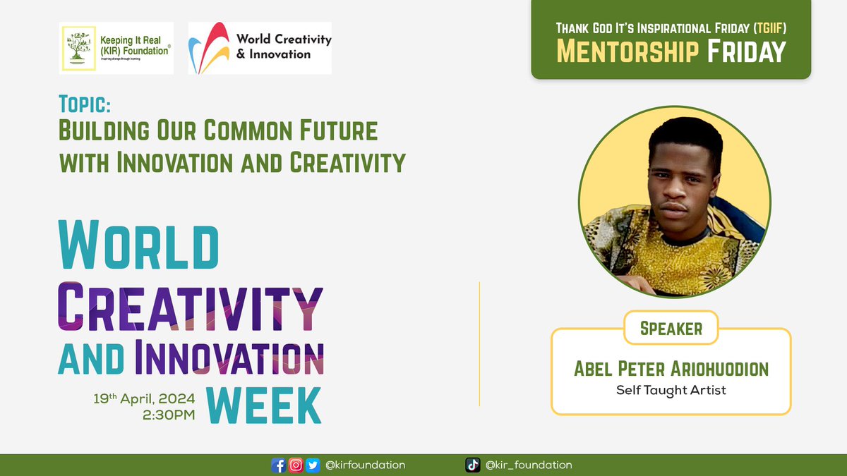 It's @WorldCreativity #Weekend!🎉
‘Building our Common Future with Innovation & #Creativity’ is a call to action!
Today is our #TGIIF Youth Hub #Mentorship #Friday!
Join our Mentor @CabbyArtWorks, a talented self-taught Artist for a creative experience!
#WCIW #WCID #IAmCreative