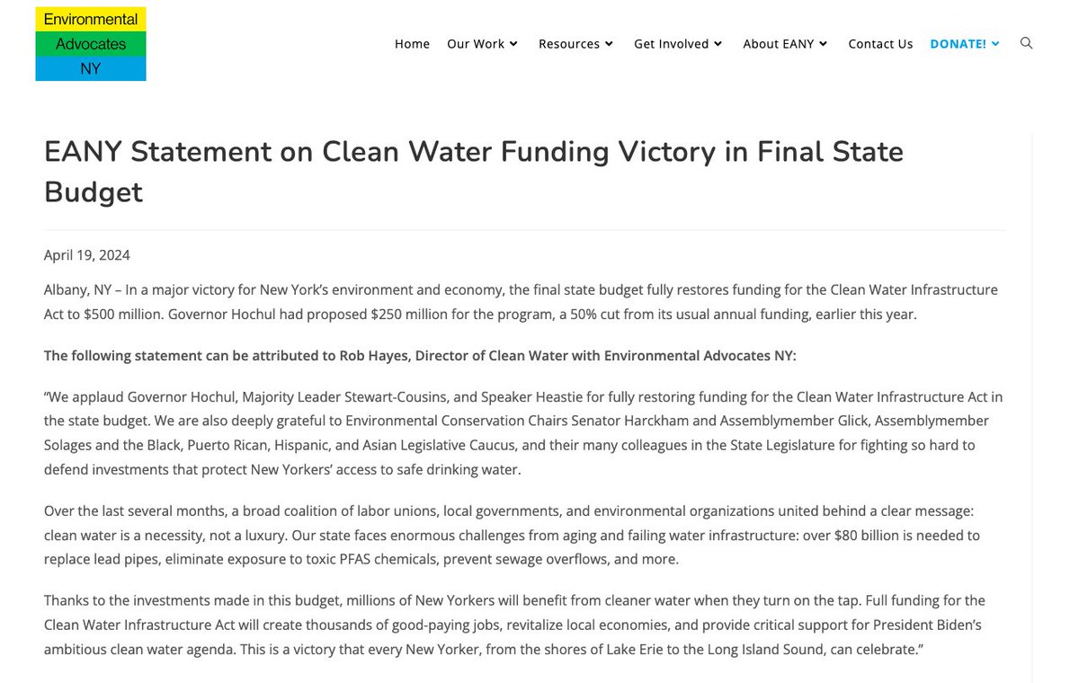 VICTORY! After months of powerful advocacy, the final state budget fully restores clean water funding to $500M. Thank you @GovKathyHochul @AndreaSCousins @CarlHeastie @SenatorHarckham @DeborahJGlick @SolagesNY @BPHACaucus @greenwatchdogNY's statement: eany.org/press_release/…