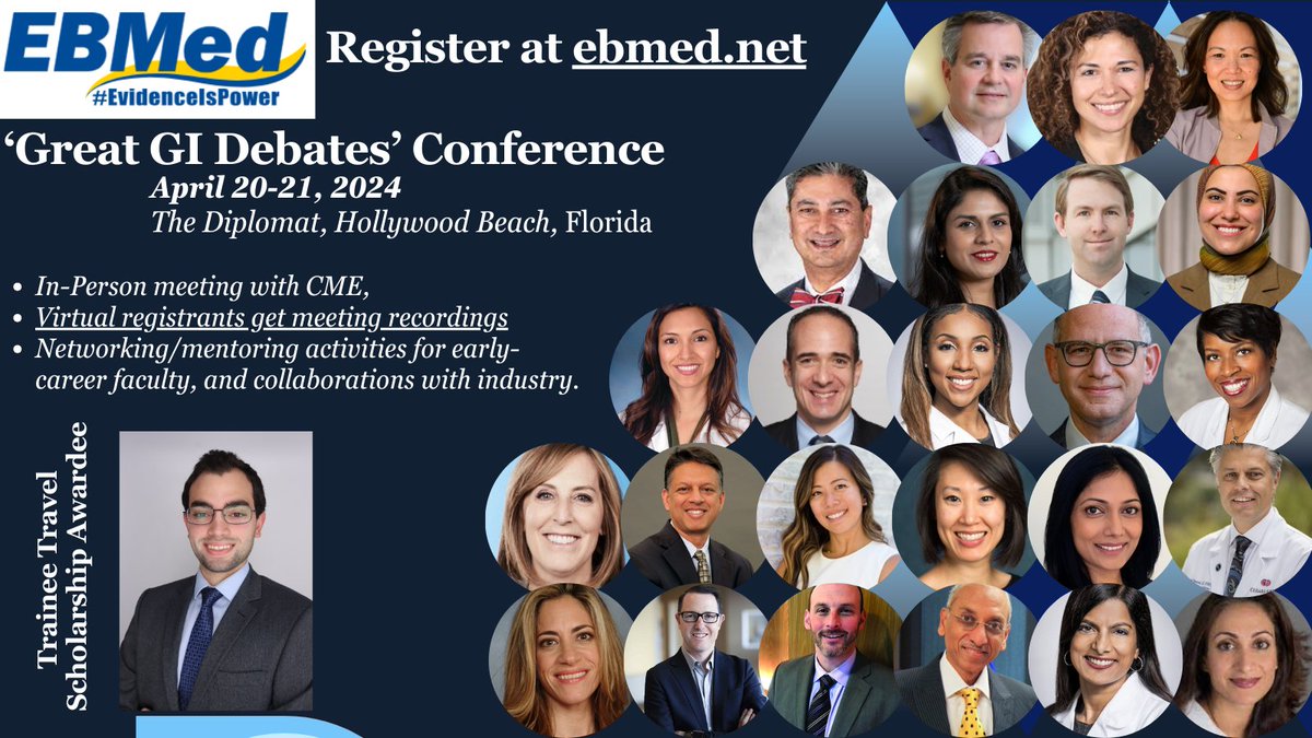 Honored to receive the trainee travel grant for the inaugural #EBMED conference in Hollywood Beach, Florida (Apr 20-21).

Thank you #EBMED for the opportunity to network with GI experts!

Can't make it? Registration offers future free recordings.