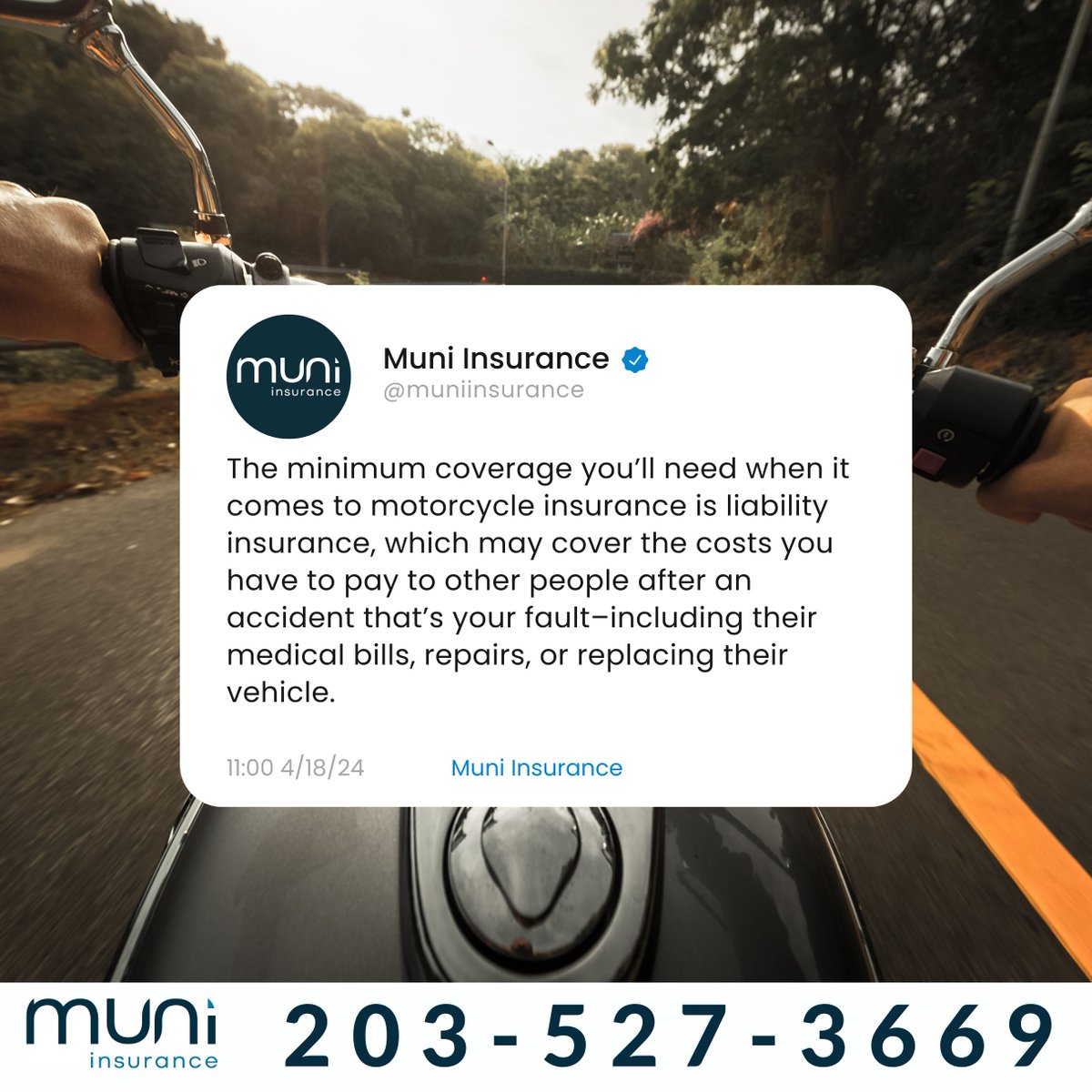Did you know your local laws will set a minimum amount of coverage for liability insurance? You may want the peace of mind of getting a higher coverage limit! Click the link below for a complimentary quote! 
➡️ bit.ly/4aGvXp4 
#muniinsurance #motorcycleinsurance