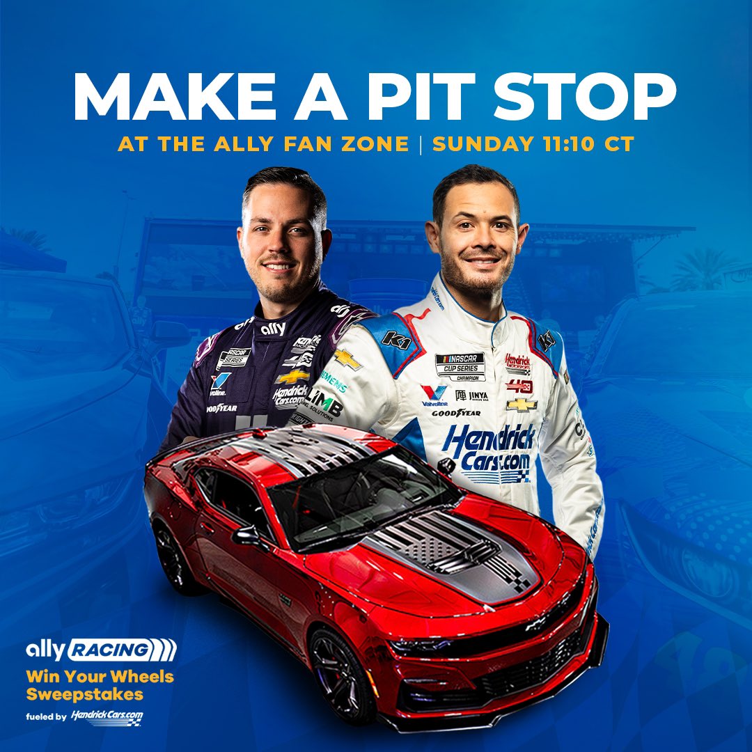Got questions? @KyleLarsonRacing and @Alex_Bowman will visit the Ally display in the fan zone at 11:10 a.m. CTand bring the answers.   Psst. The 40th anniversary Camaro might be there, too. 😉 See you there!
