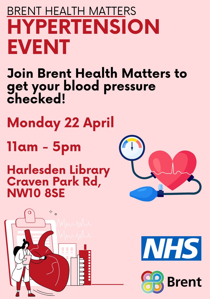 Join Brent Health Matters at Harlesden Library TOMORROW to get your blood pressure checked!💙 Talk to our clinicians about about heart health, stress, diet, exercise and the importance of regular check-ups!🗣️ Healthy refreshments will also be available.😊