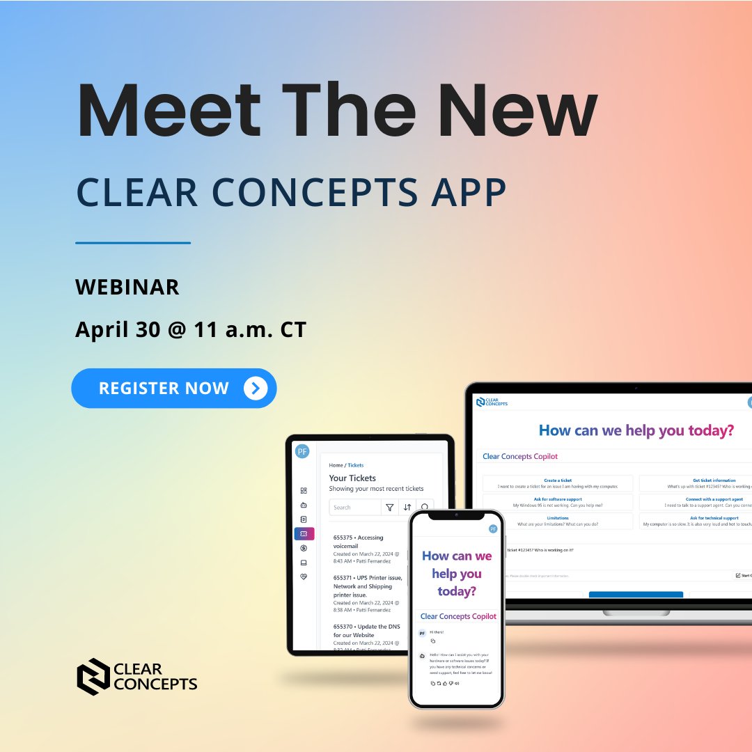 Say goodbye to the traditional phone and email support methods and
welcome a more efficient, accessible, and enhanced support experience. Join us on April 30! Register here: hubs.ly/Q02tsHyh0
#ClientAppLaunch #ITServices #TechInnovation #ITSupport #Webinar #ManagedIT