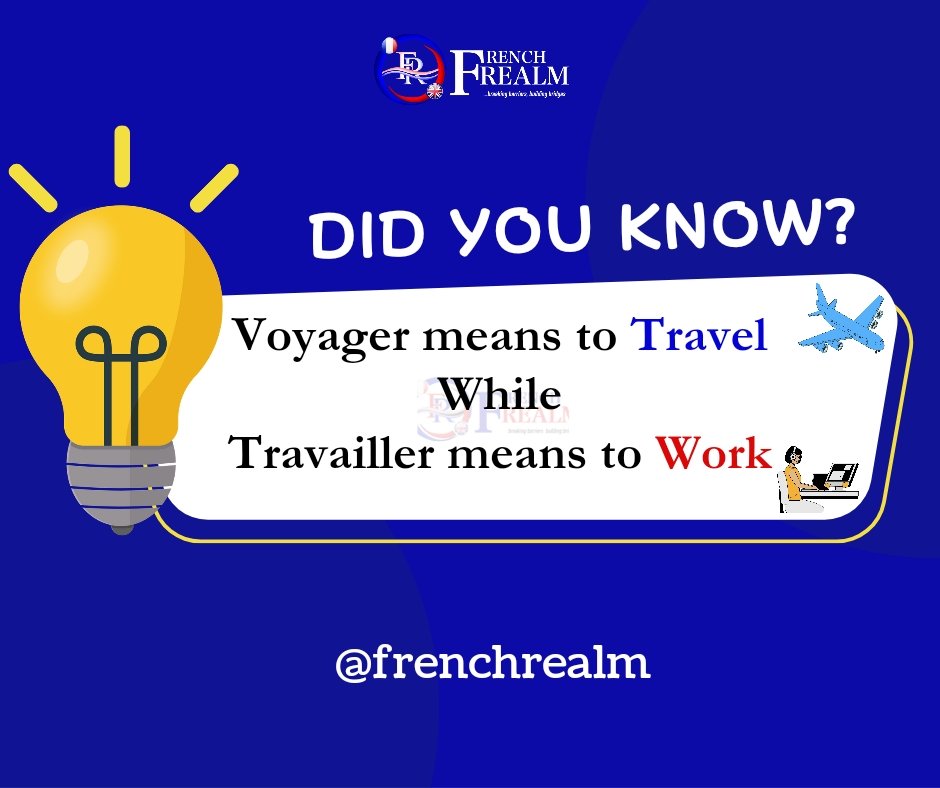 Hello, French language enthusiasts and beginners! 🇫🇷 #Didyouknow that in French, *Voyager* means to travel while *Travailler* means to work?🌍💼
Discover these new words and immerse yourself in French language! 
*****
#frenchrealm #frenchlanguage #frenchwords #tef #onmm